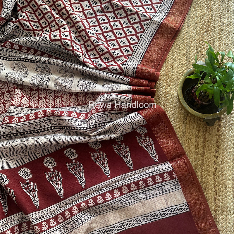 Maheshwari White Bagh Print Small Border Saree MTBS133