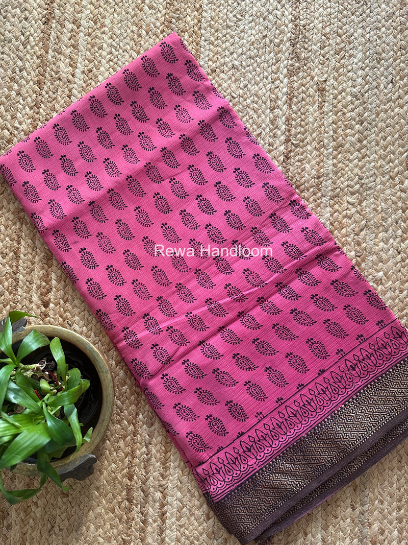 Maheshwari Pink Bagh Print Small Border Saree MTBS134