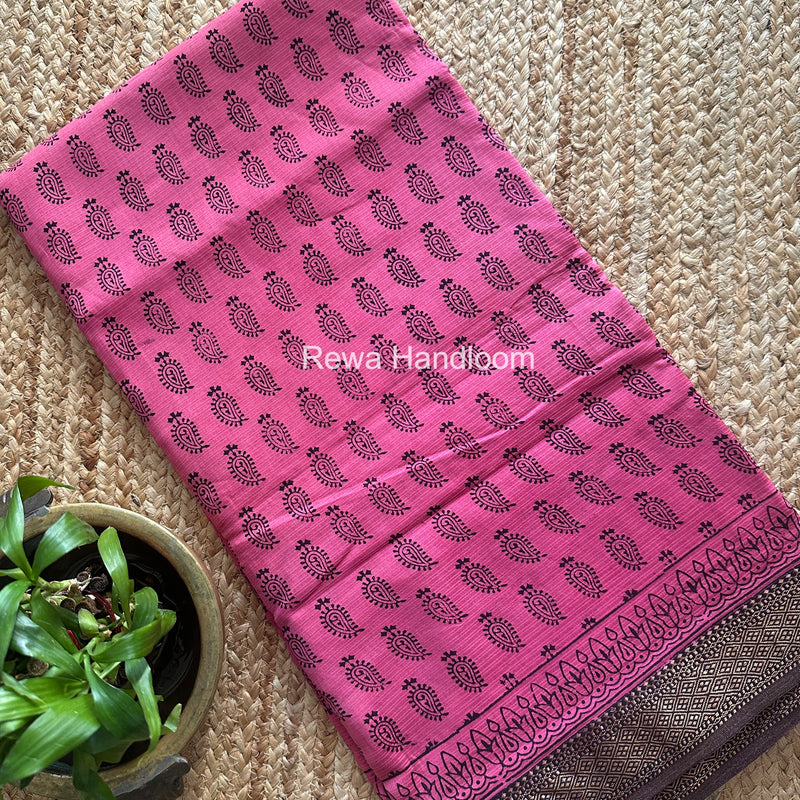 Maheshwari Pink Bagh Print Small Border Saree MTBS134