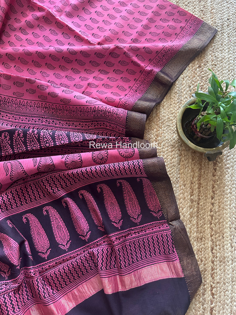 Maheshwari Pink Bagh Print Small Border Saree MTBS134