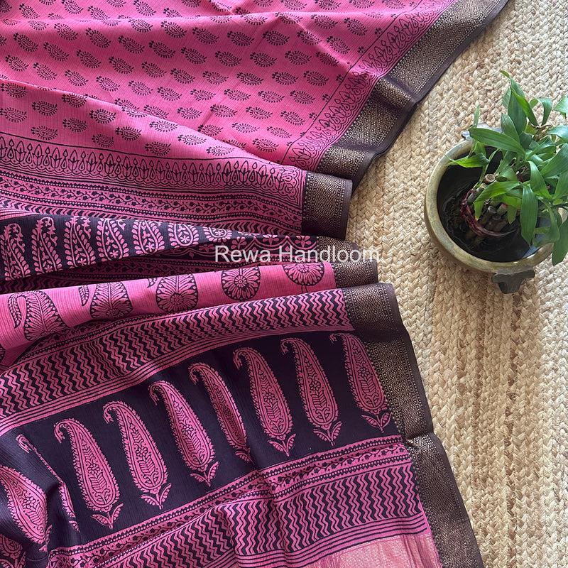 Maheshwari Pink Bagh Print Small Border Saree MTBS134