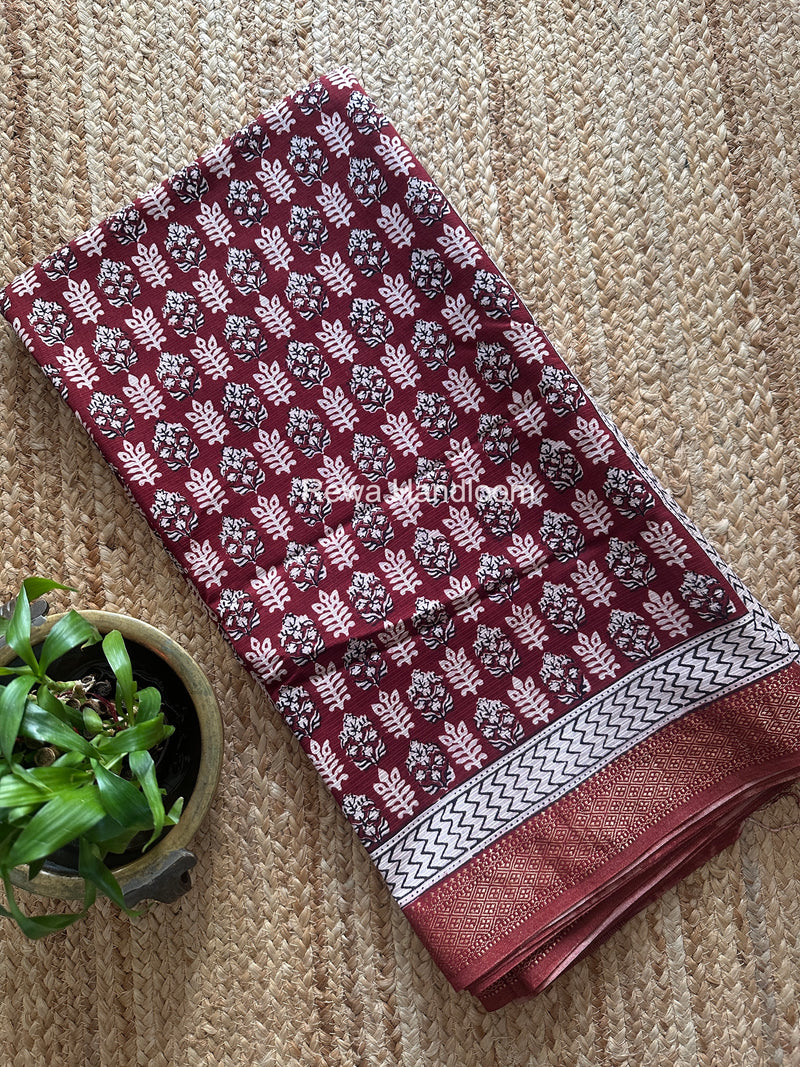 Maheshwari Maroon Bagh Print Small Border Saree MTBS135