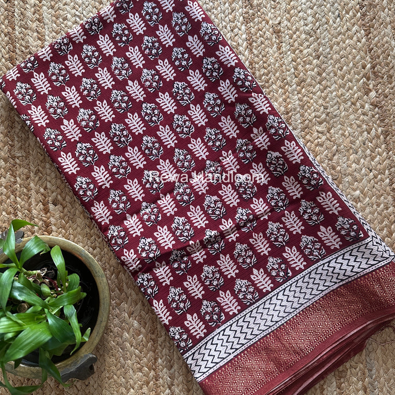Maheshwari Maroon Bagh Print Small Border Saree MTBS135