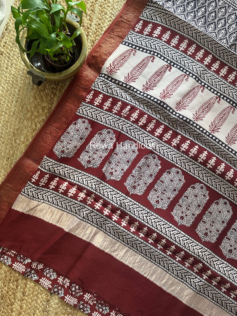 Maheshwari Maroon Bagh Print Small Border Saree MTBS135