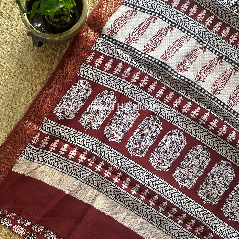 Maheshwari Maroon Bagh Print Small Border Saree MTBS135