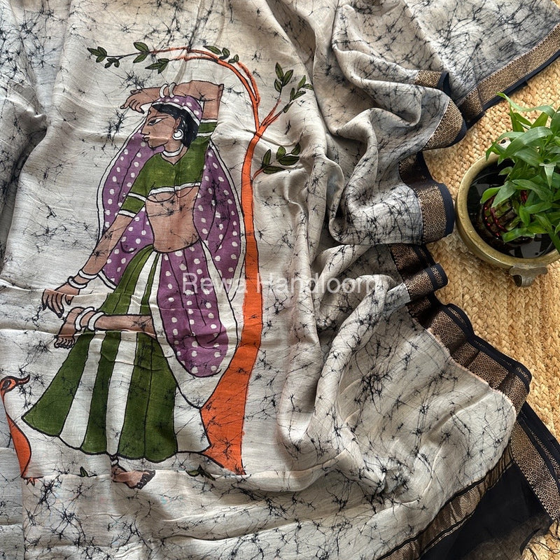 Maheshwari Black Batik Figure Handpainted Saree MFPS07