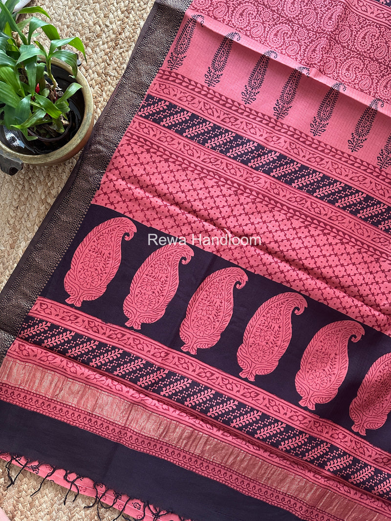Maheshwari Peach Bagh Print Small Border Saree MTBS155