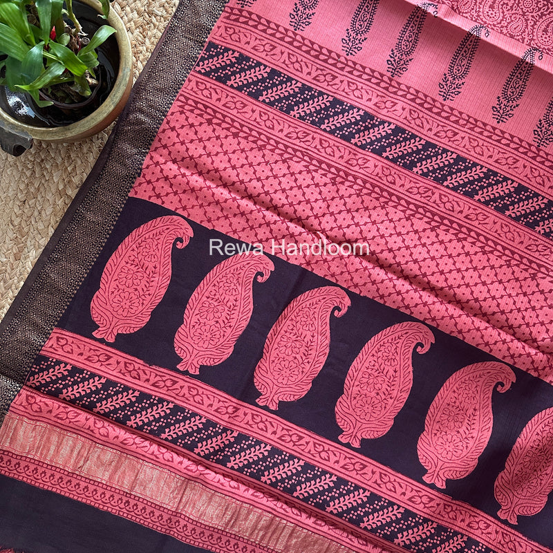 Maheshwari Peach Bagh Print Small Border Saree MTBS155
