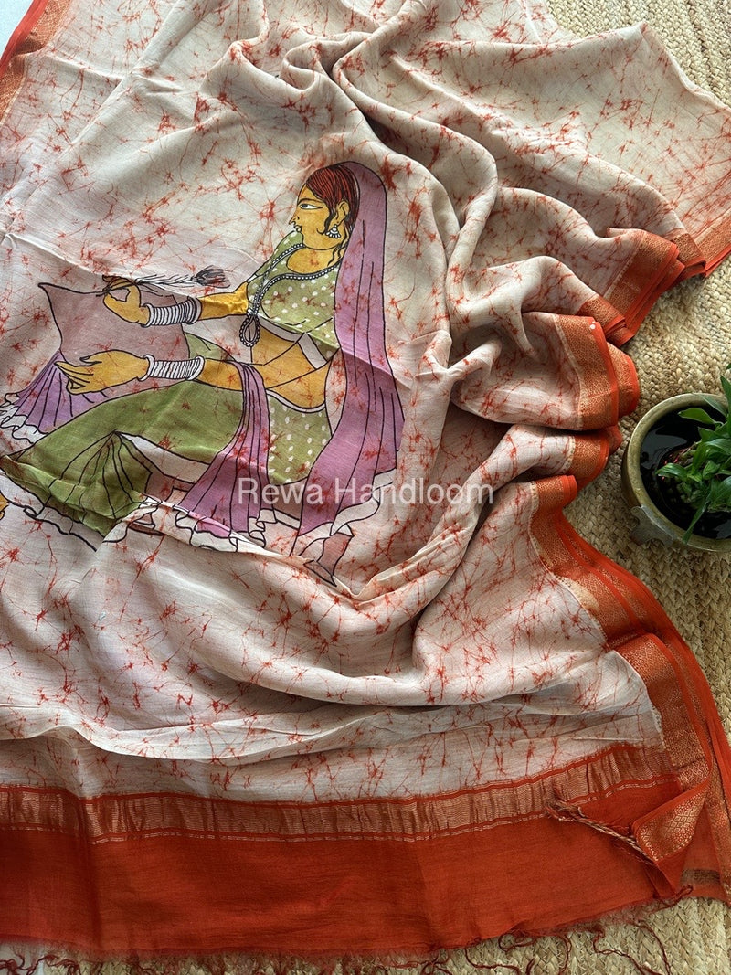Maheshwari Orange Batik Figure Handpainted Saree MFPS016