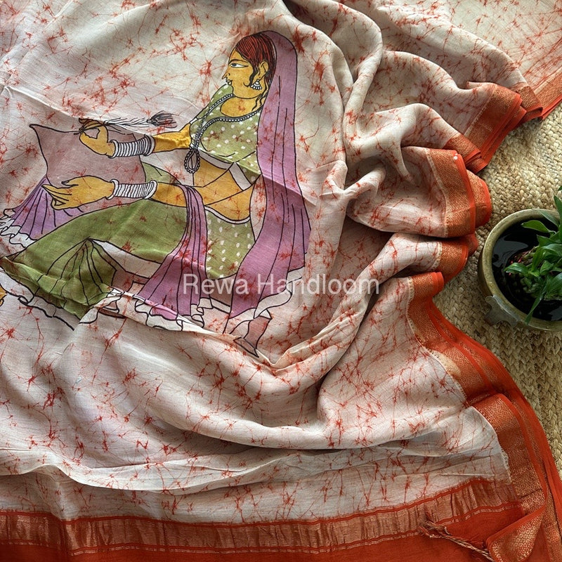 Maheshwari Orange Batik Figure Handpainted Saree MFPS016
