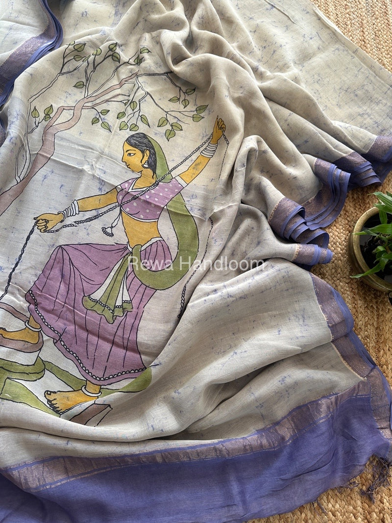 Maheshwari Light Lavender Batik Figure Handpainted Saree MFPS08