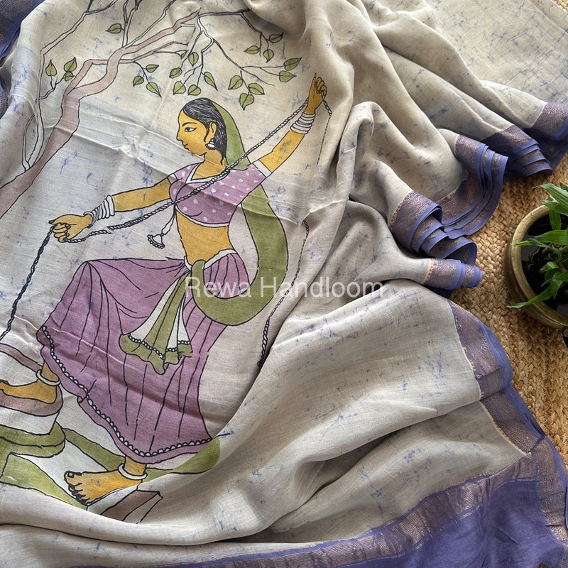 Maheshwari Light Lavender Batik Figure Handpainted Saree MFPS08