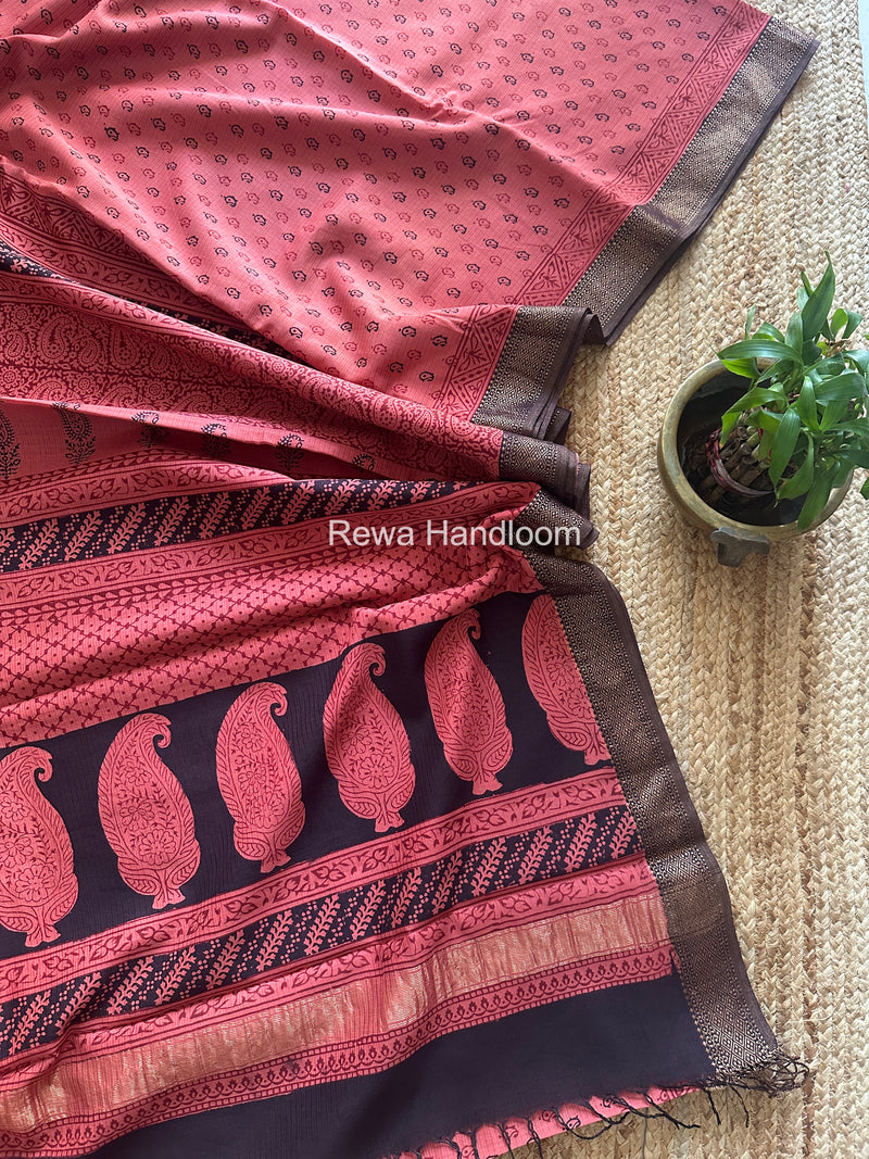 Maheshwari Peach Bagh Print Small Border Saree MTBS155