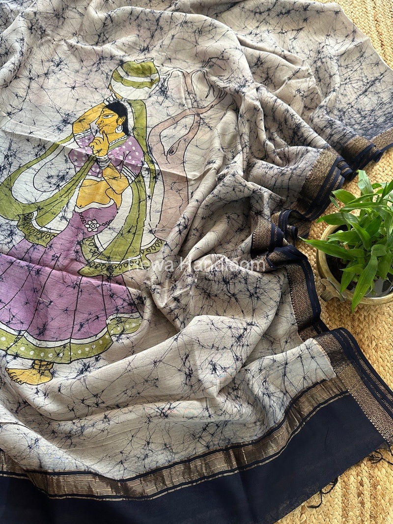 Maheshwari Navy Blue Batik Figure Handpainted Saree MFPS05