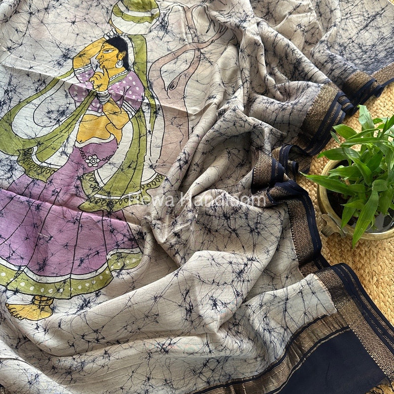 Maheshwari Navy Blue Batik Figure Handpainted Saree MFPS05