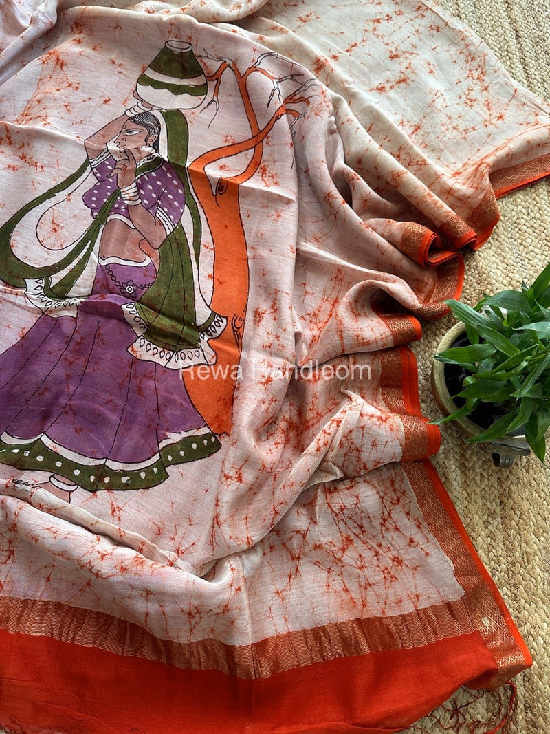 Maheshwari Orange Batik Figure Handpainted Saree MFPS03