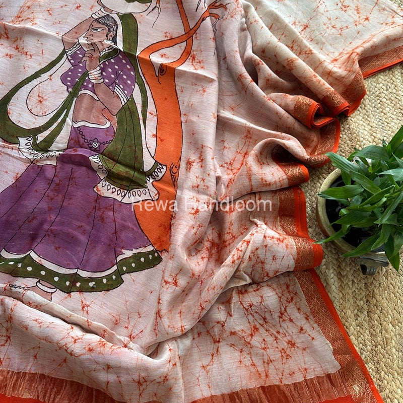 Maheshwari Orange Batik Figure Handpainted Saree MFPS03