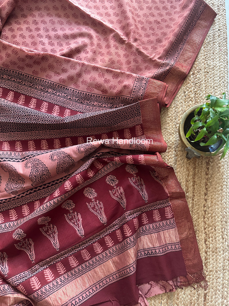 Maheshwari Peach Bagh Print Small Border Saree MTBS185