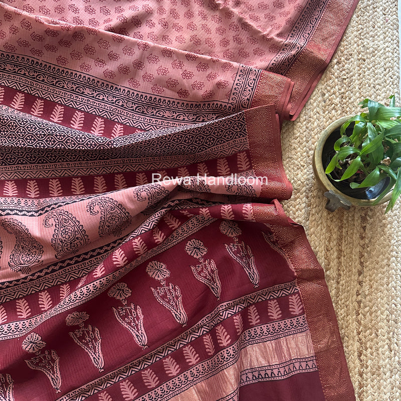Maheshwari Peach Bagh Print Small Border Saree MTBS185