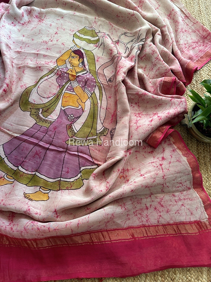 Maheshwari Pink Batik Figure Handpainted Saree MFPS015