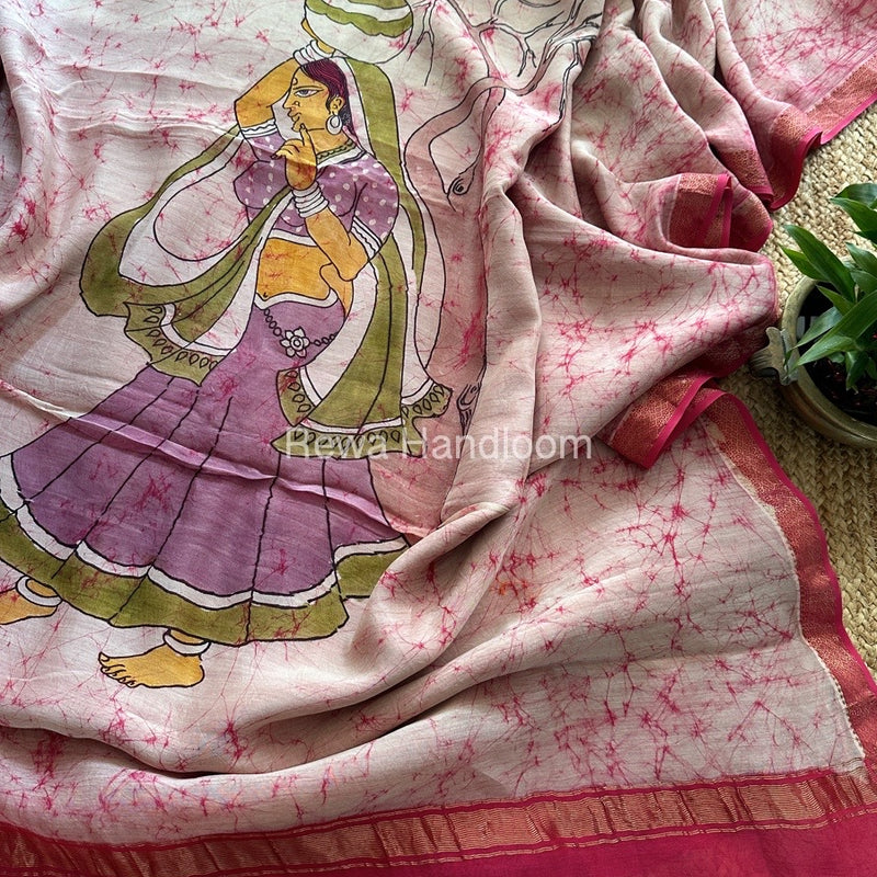 Maheshwari Pink Batik Figure Handpainted Saree MFPS01