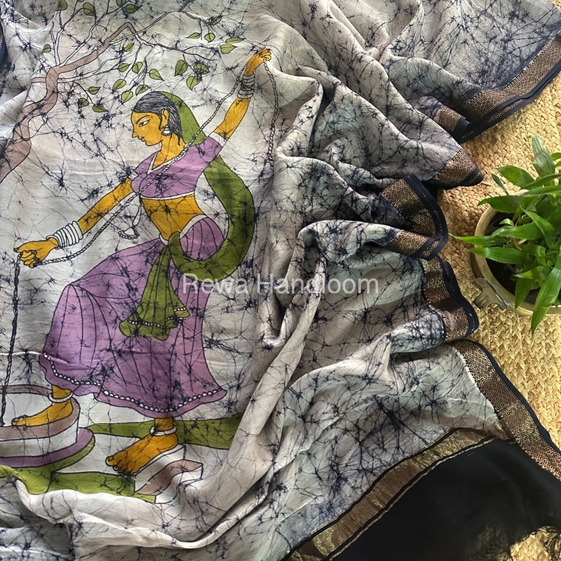 Maheshwari Black Batik Figure Handpainted Saree MFPS011