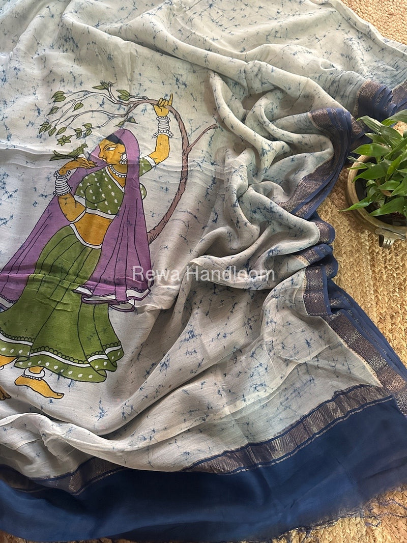 Maheshwari Sky Blue Batik Figure Handpainted Saree MFPS018