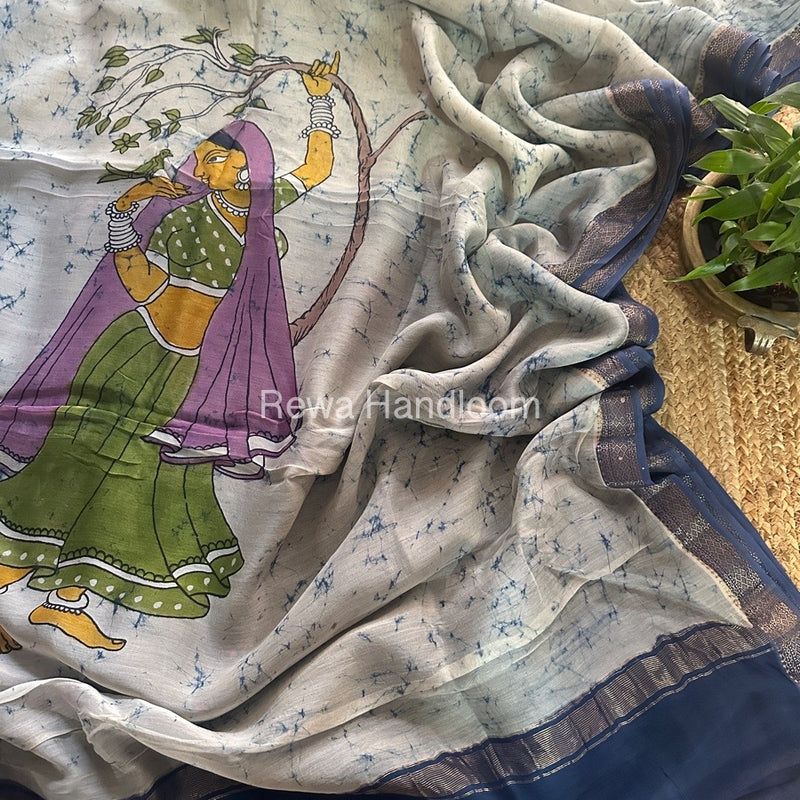 Maheshwari Sky Blue Batik Figure Handpainted Saree MFPS018