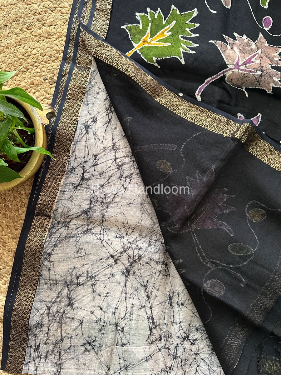 Maheshwari Black Batik Indonesian Print Saree IBS054