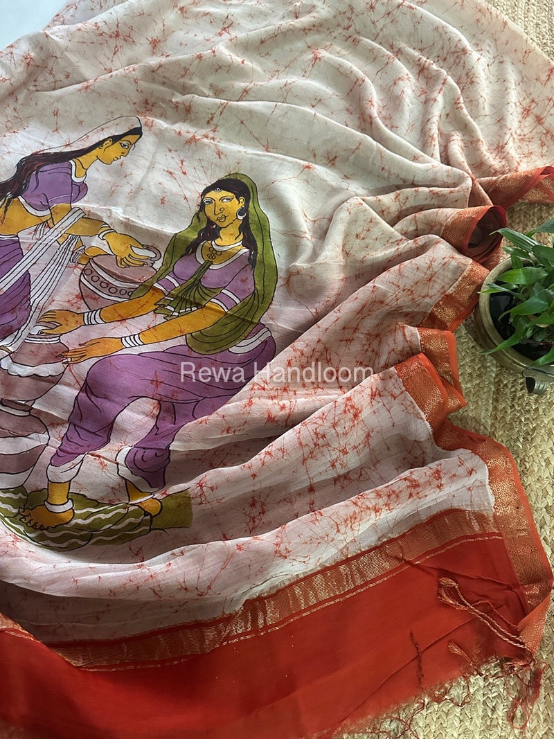 Maheshwari Orange Batik Figure Handpainted Saree MFPS013