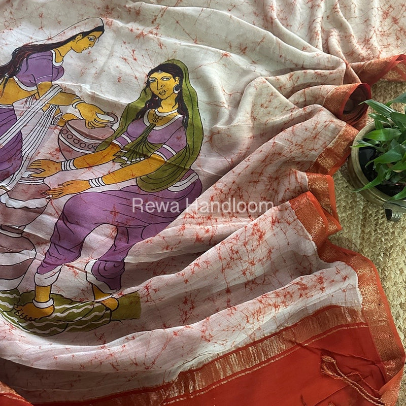 Maheshwari Orange Batik Figure Handpainted Saree MFPS013