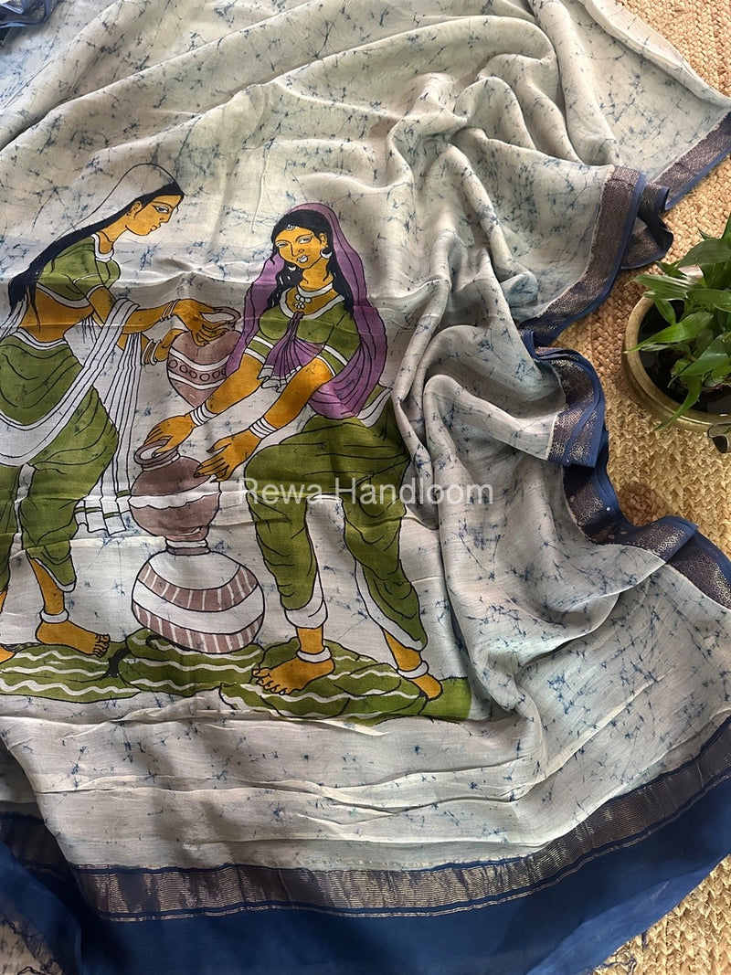 Maheshwari Sky Blue Batik Figure Handpainted Saree MFPS026