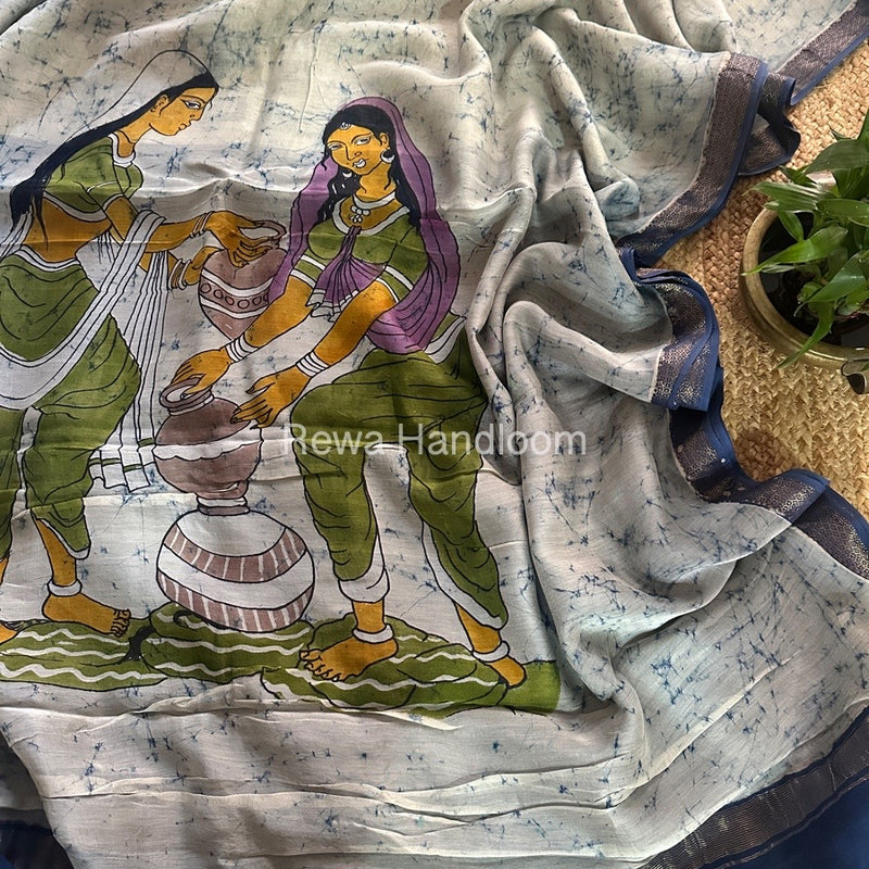 Maheshwari Sky Blue Batik Figure Handpainted Saree MFPS026