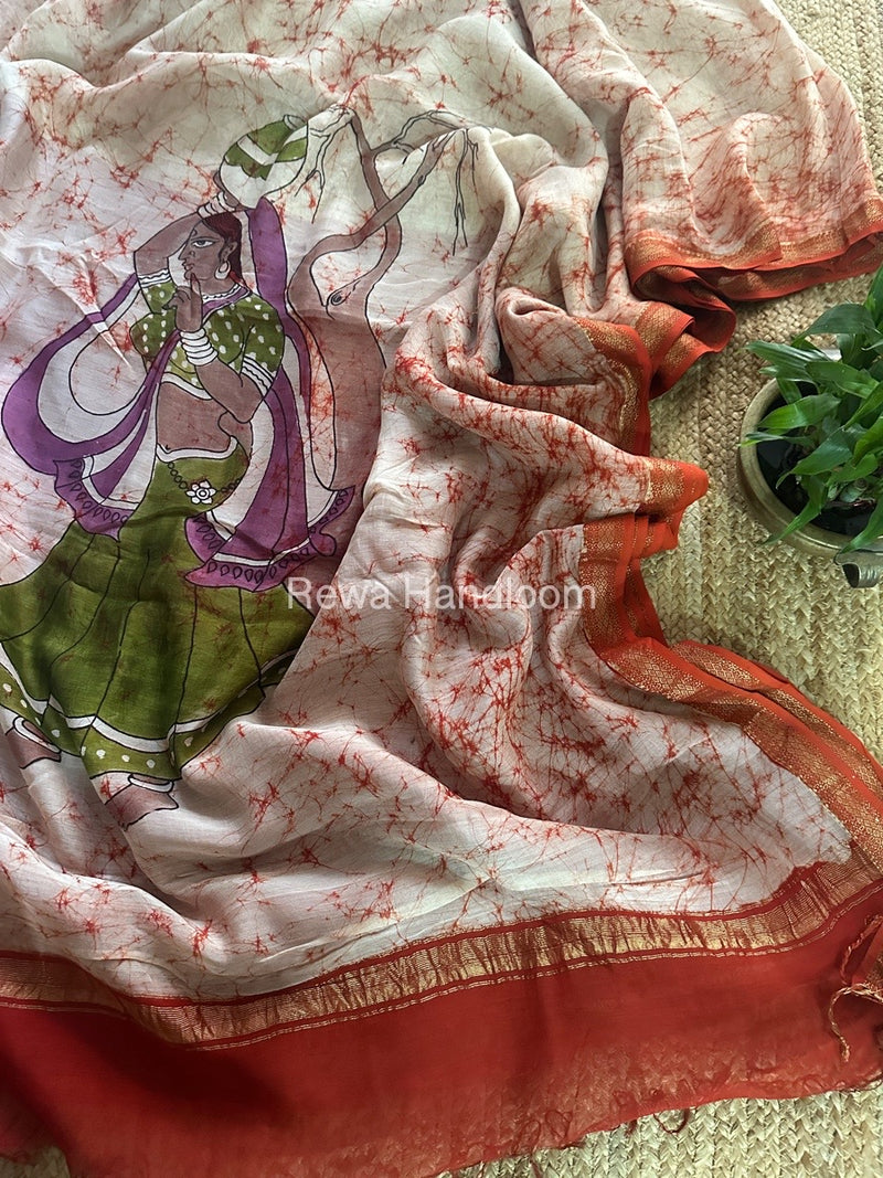 Maheshwari Orange Batik Figure Handpainted Saree MFPS019