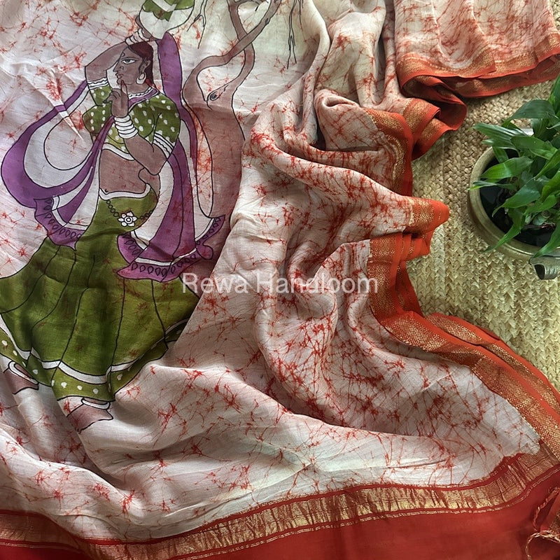 Maheshwari Orange Batik Figure Handpainted Saree MFPS019