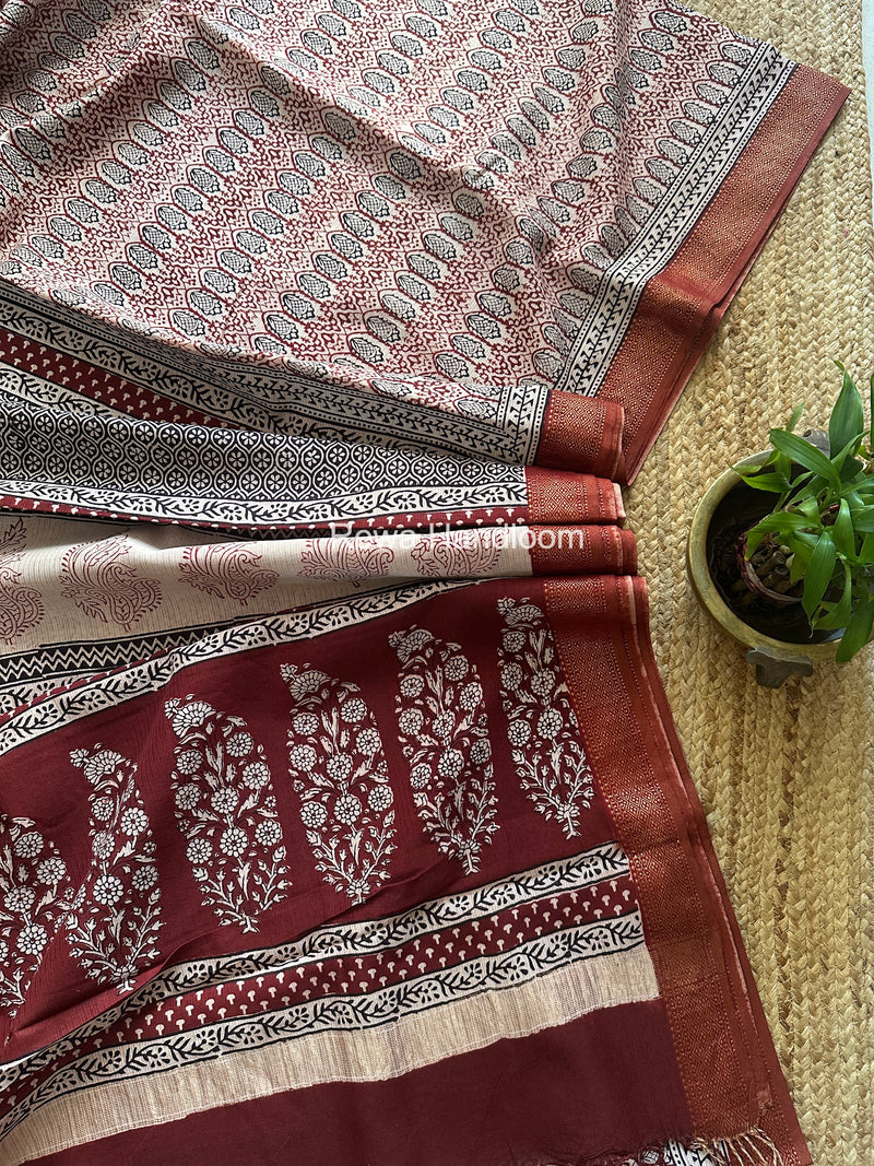 Maheshwari White Bagh Print Small Border Saree MTBS163