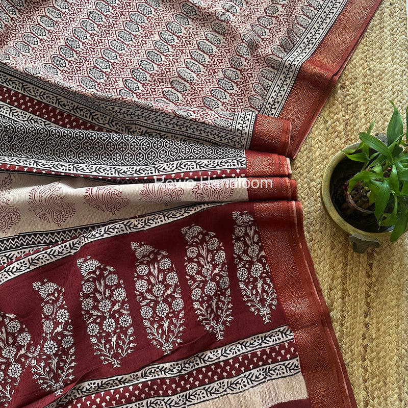 Maheshwari White Bagh Print Small Border Saree MTBS163