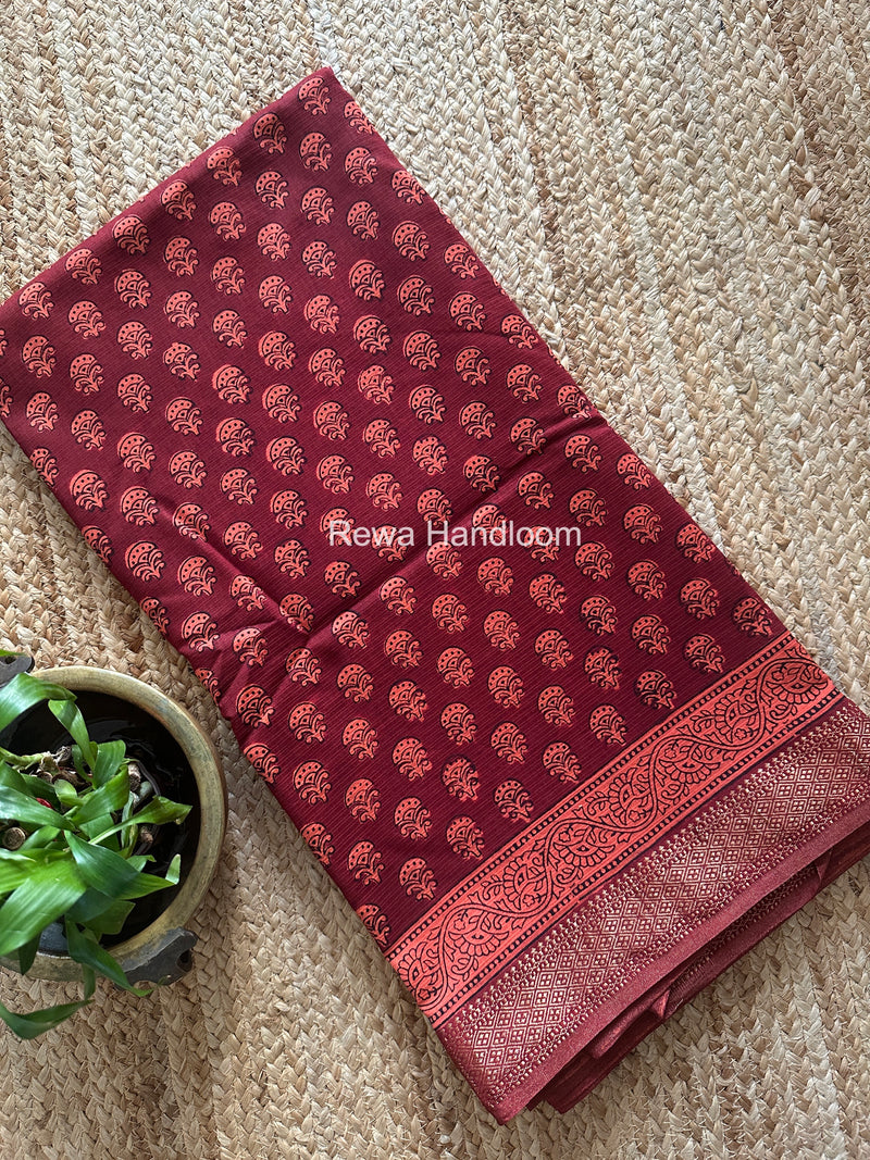 Maheshwari Red Bagh Print Small Border Saree MTBS141
