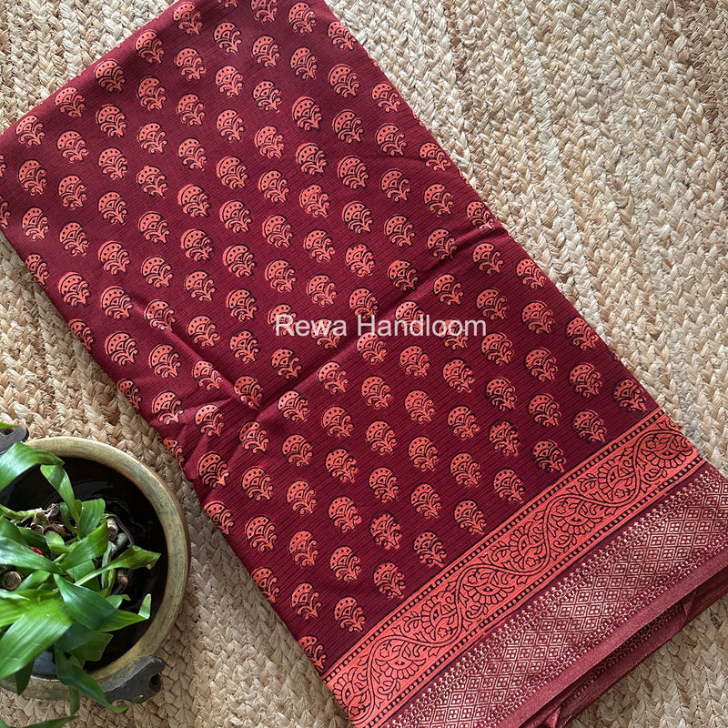 Maheshwari Red Bagh Print Small Border Saree MTBS141