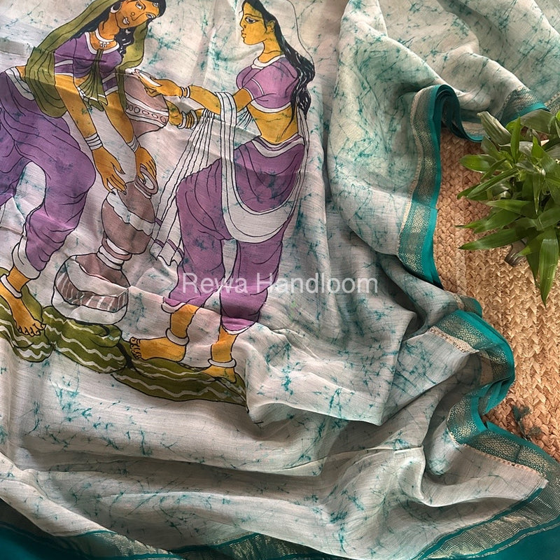 Maheshwari Aqua Green Batik Figure Handpainted Saree MFPS014