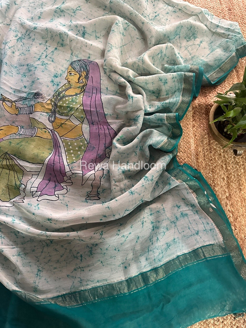 Maheshwari Light Rama Green Batik Figure Handpainted Saree MFPS02