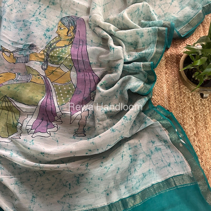 Maheshwari Light Rama Green Batik Figure Handpainted Saree MFPS02