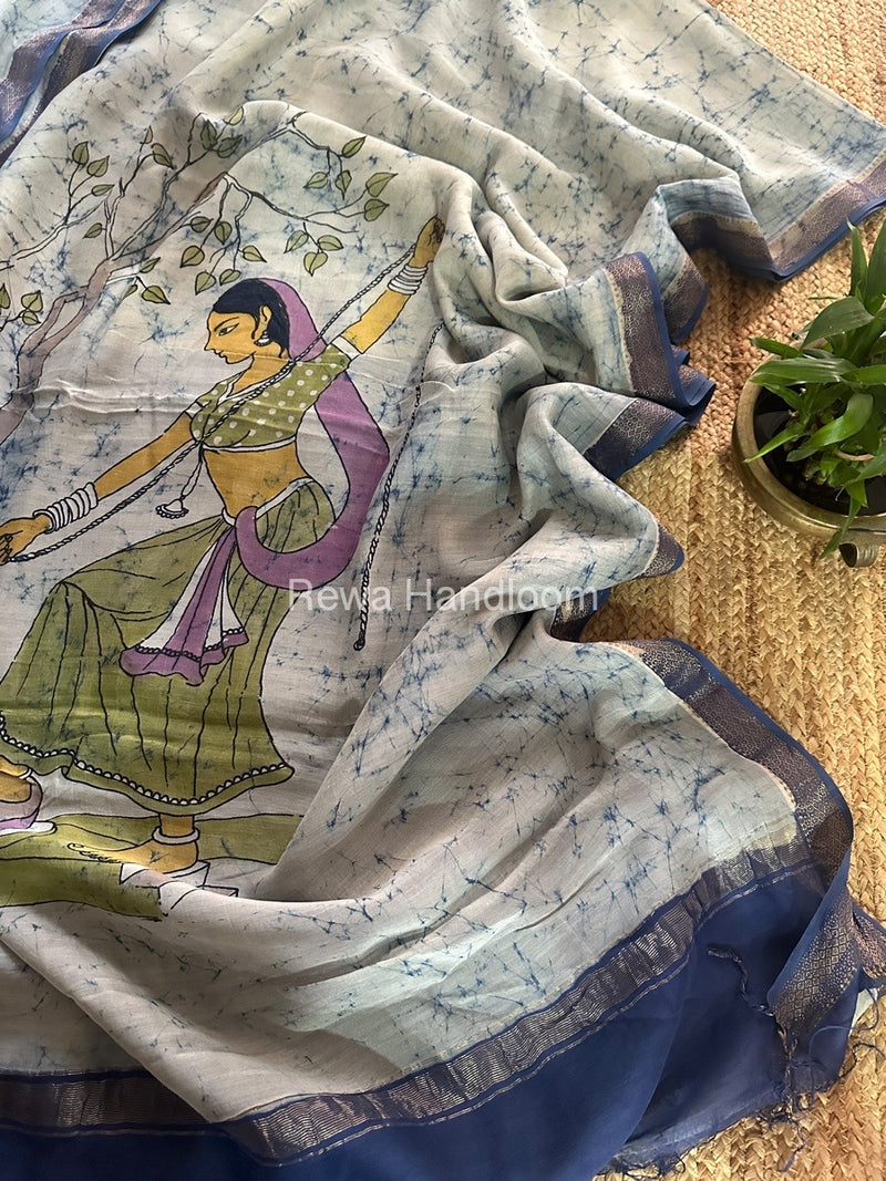 Maheshwari Sky Blue Batik Figure Handpainted Saree MFPS023