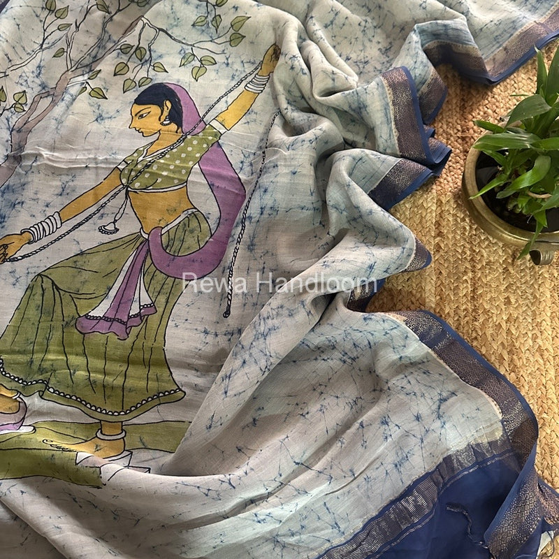 Maheshwari Sky Blue Batik Figure Handpainted Saree MFPS023