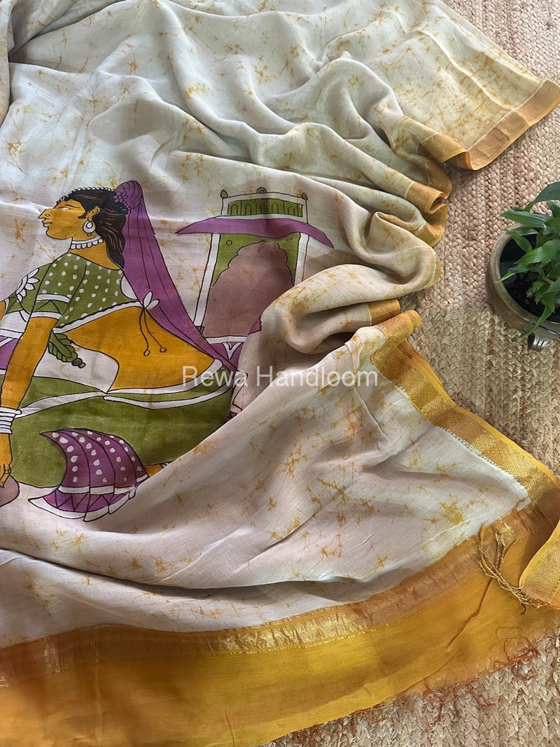 Maheshwari Yellow Batik Figure Handpainted Saree MFPS017
