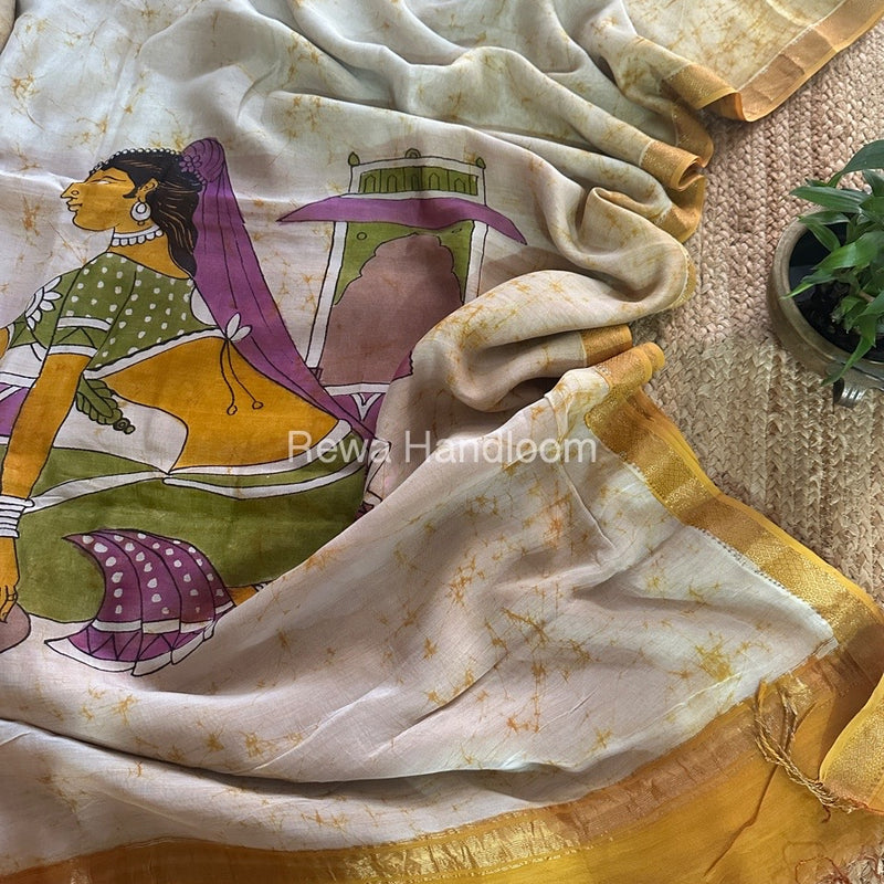 Maheshwari Yellow Batik Figure Handpainted Saree MFPS017