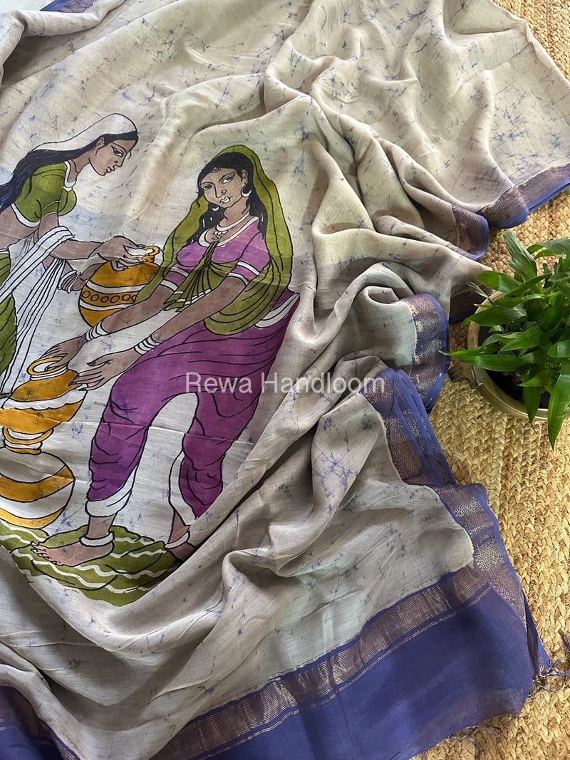 Maheshwari Lavender Batik Figure Handpainted Saree MFPS021