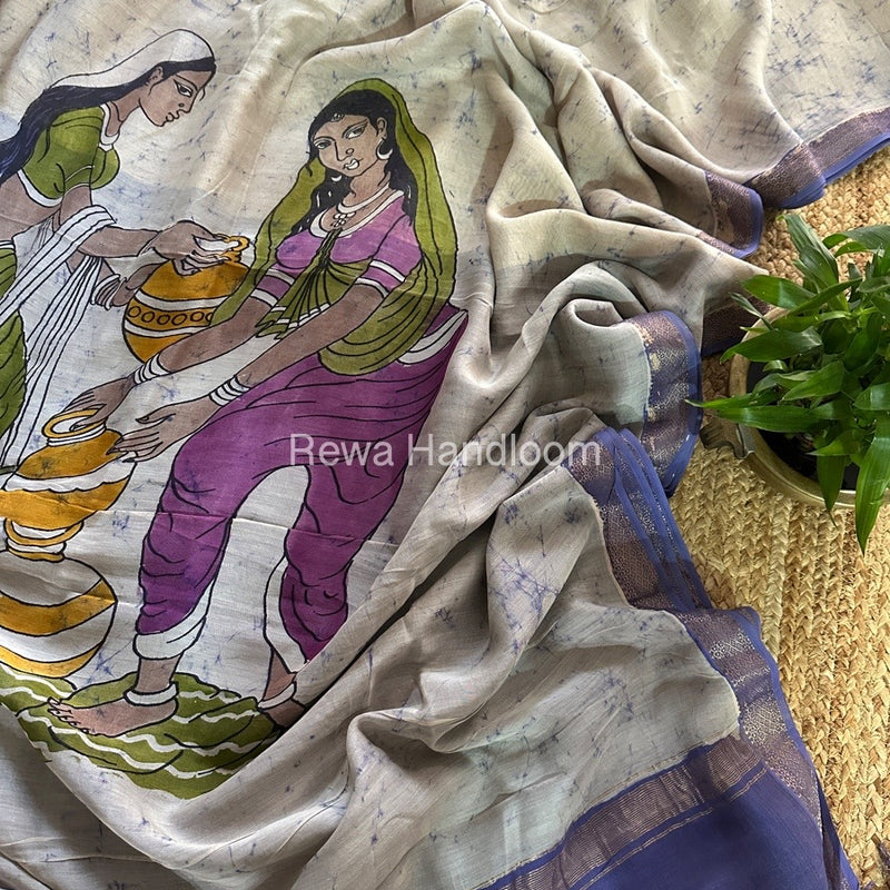 Maheshwari Lavender Batik Figure Handpainted Saree MFPS021