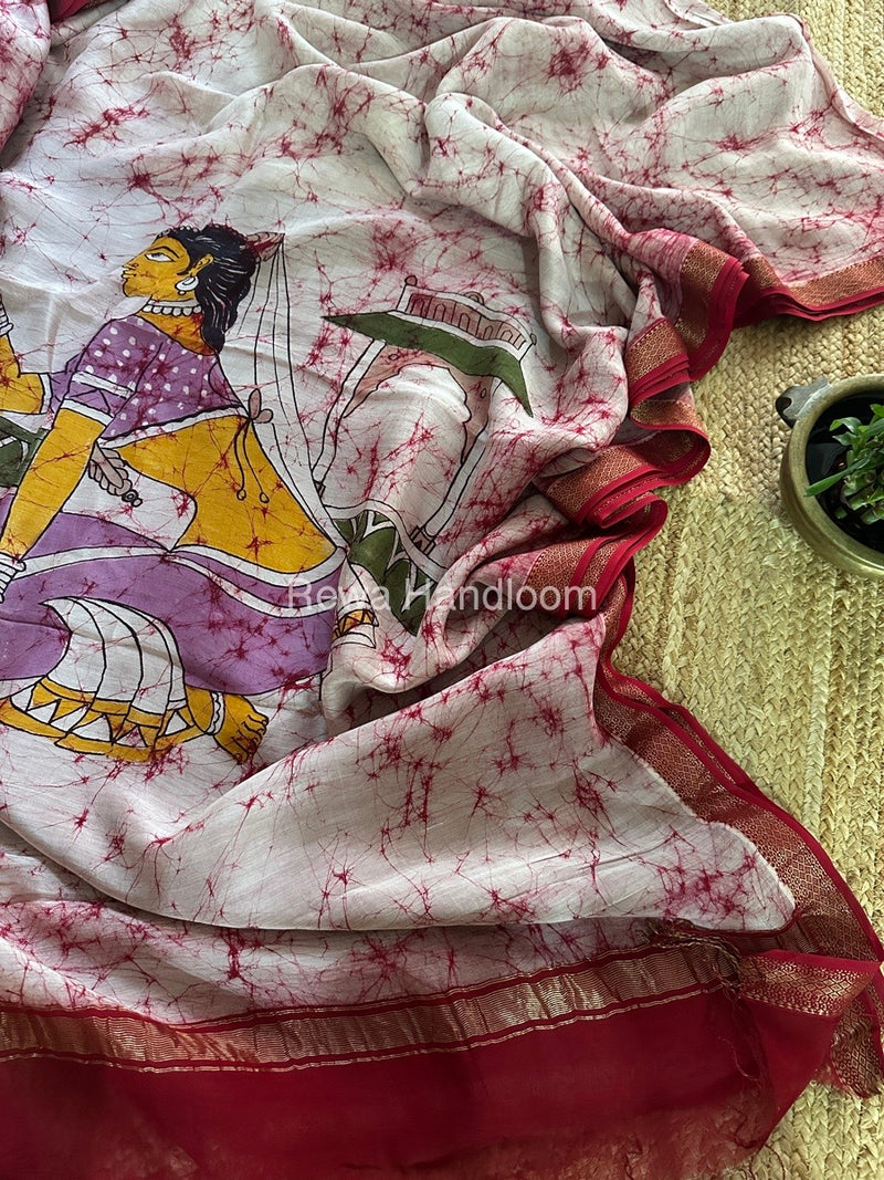 Maheshwari Pink Batik Figure Handpainted Saree MFPS022