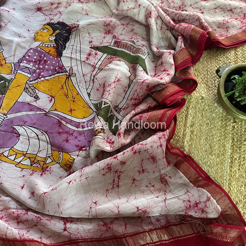 Maheshwari Pink Batik Figure Handpainted Saree MFPS022